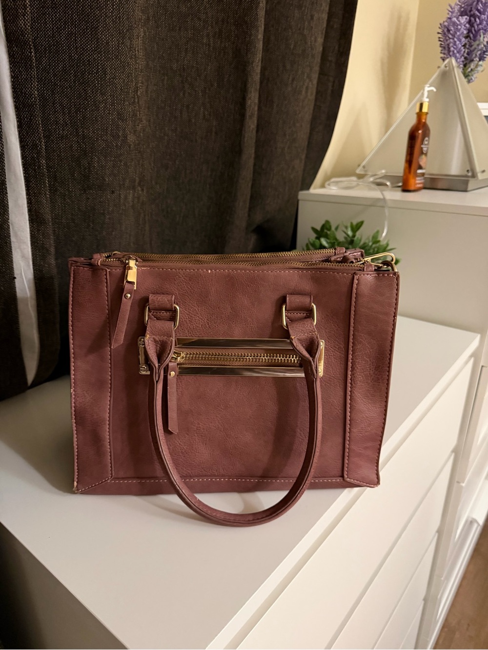 Mauve Structured Satchel with Gold Accents
